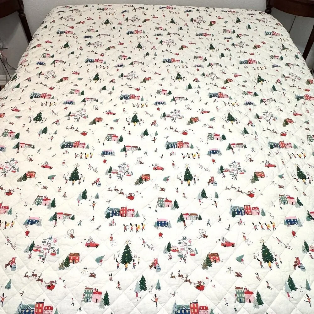 Cath Kidston London Christmas Queen Quilt Snow Day Duck Egg Holiday Bedding Fest